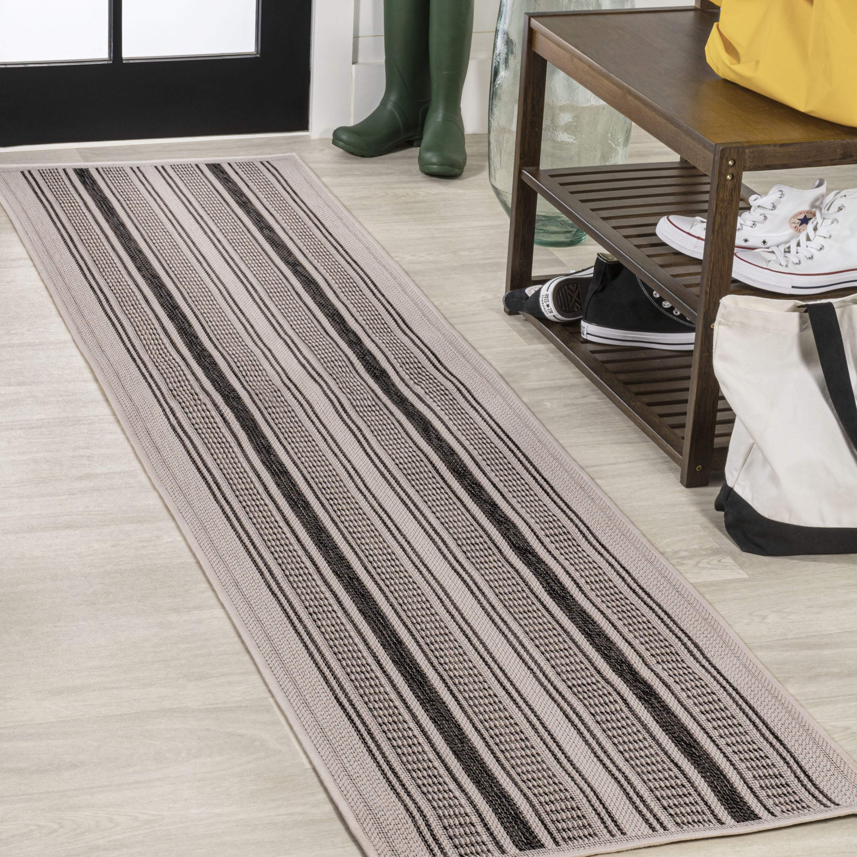 8' Black And Beige Striped Indoor Outdoor Runner Rug - GreatEagleInc