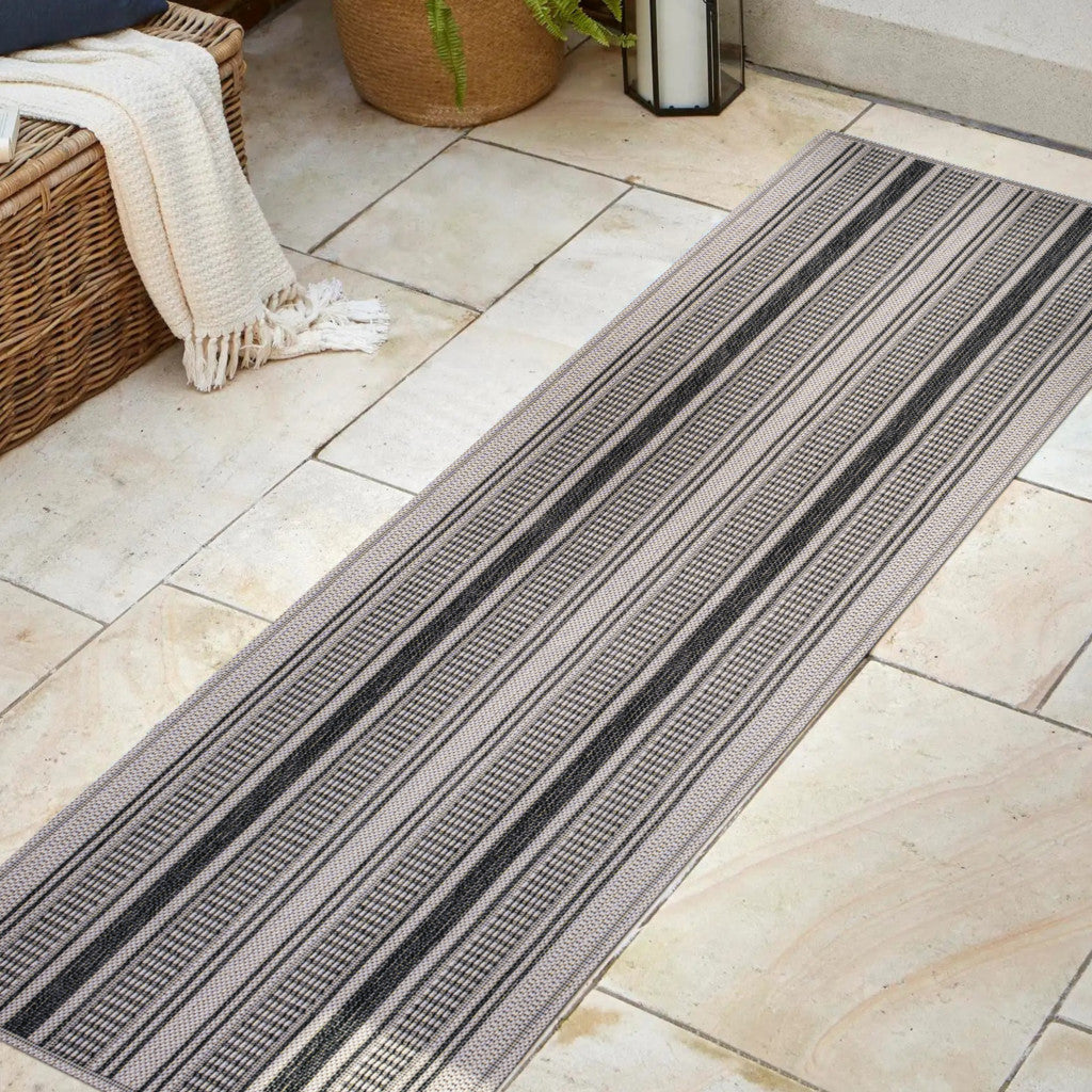 8' Black And Beige Striped Indoor Outdoor Runner Rug - GreatEagleInc