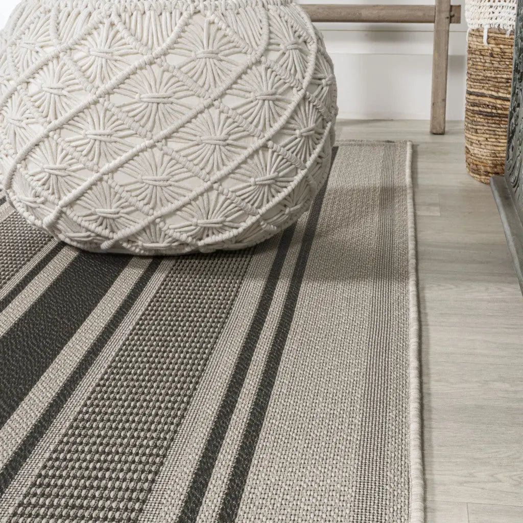 8' Black And Beige Striped Indoor Outdoor Runner Rug - GreatEagleInc