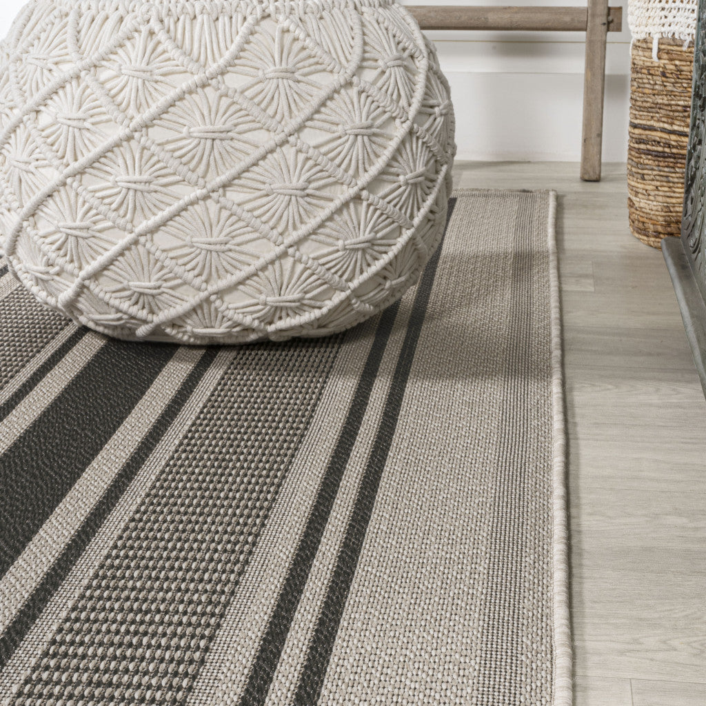 8' Black And Beige Striped Indoor Outdoor Runner Rug - GreatEagleInc