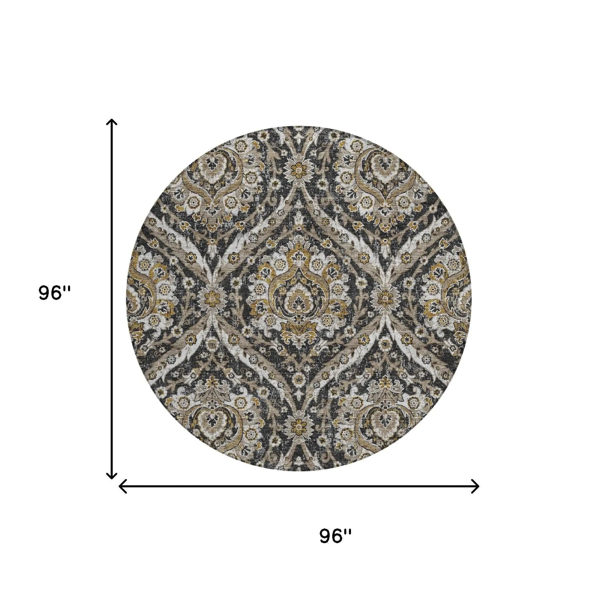 8' Black And Blue Round Floral Washable Indoor Outdoor Area Rug Homeroots Outdoor