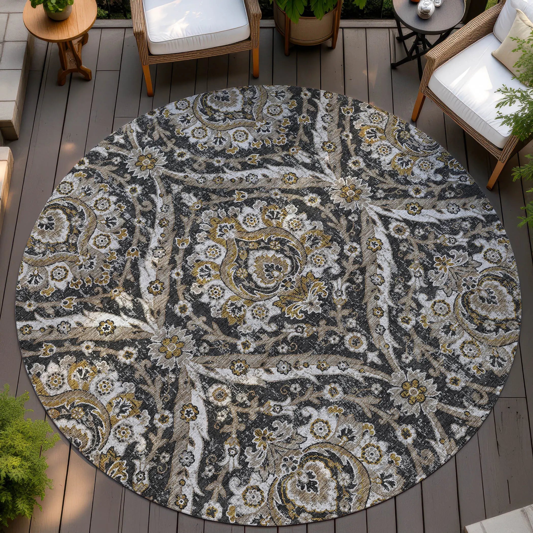 8' Black And Blue Round Floral Washable Indoor Outdoor Area Rug Homeroots Outdoor