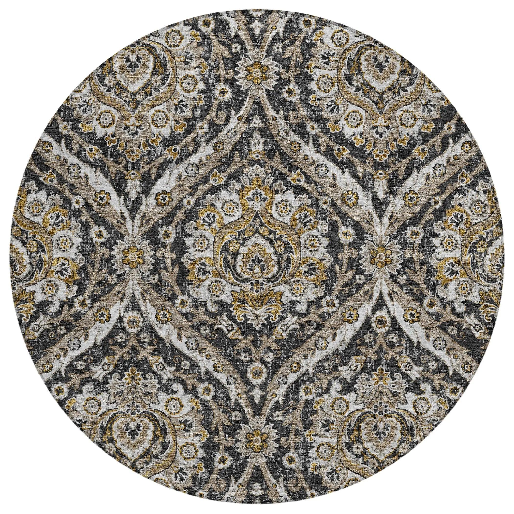 8' Black And Blue Round Floral Washable Indoor Outdoor Area Rug Homeroots Outdoor