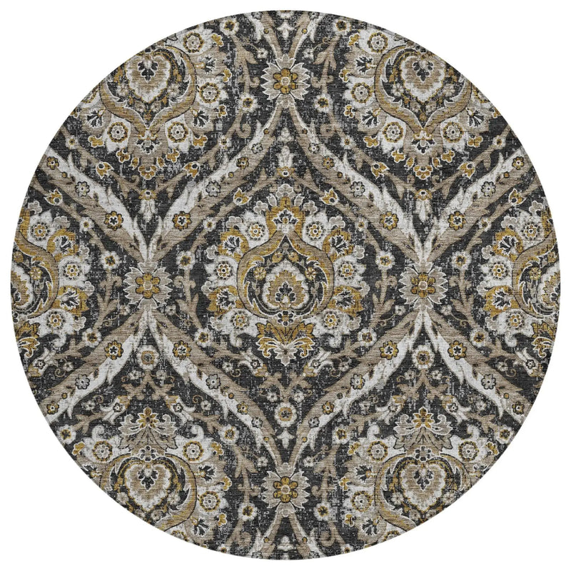 8' Black And Blue Round Floral Washable Indoor Outdoor Area Rug Homeroots Outdoor