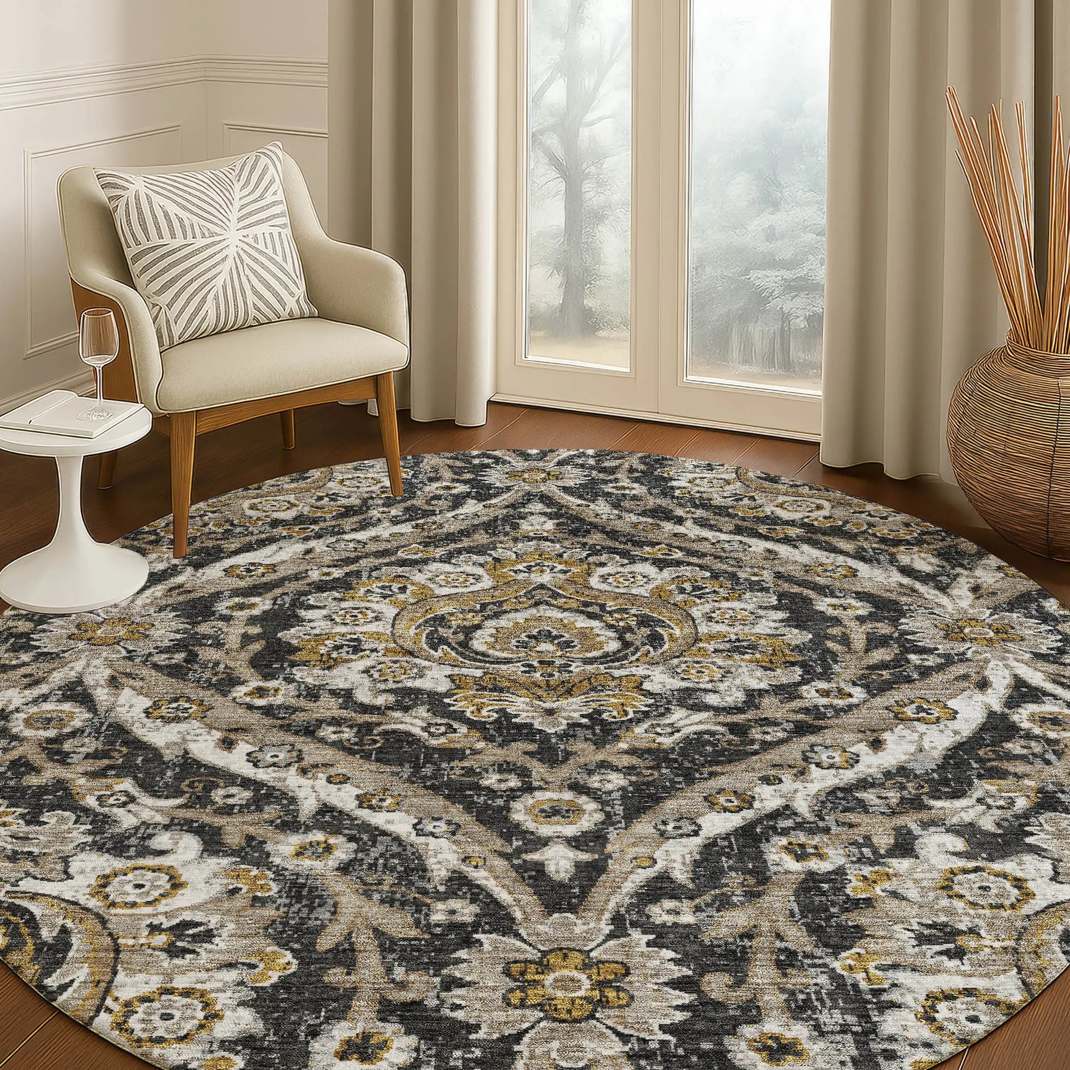8' Black And Blue Round Floral Washable Indoor Outdoor Area Rug Homeroots Outdoor