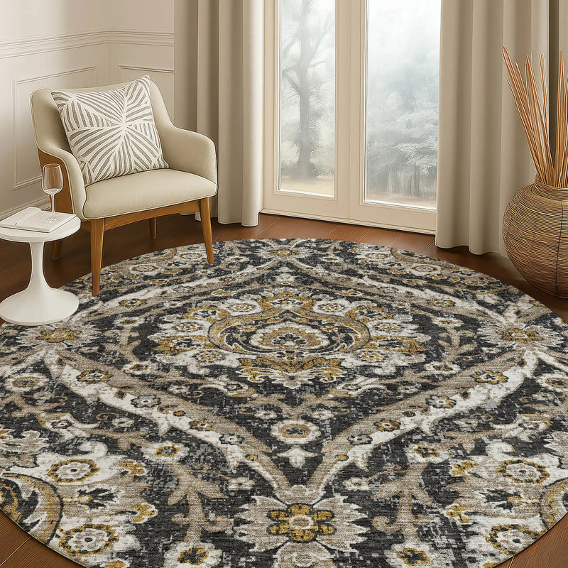 8' Black And Blue Round Floral Washable Indoor Outdoor Area Rug Homeroots Outdoor