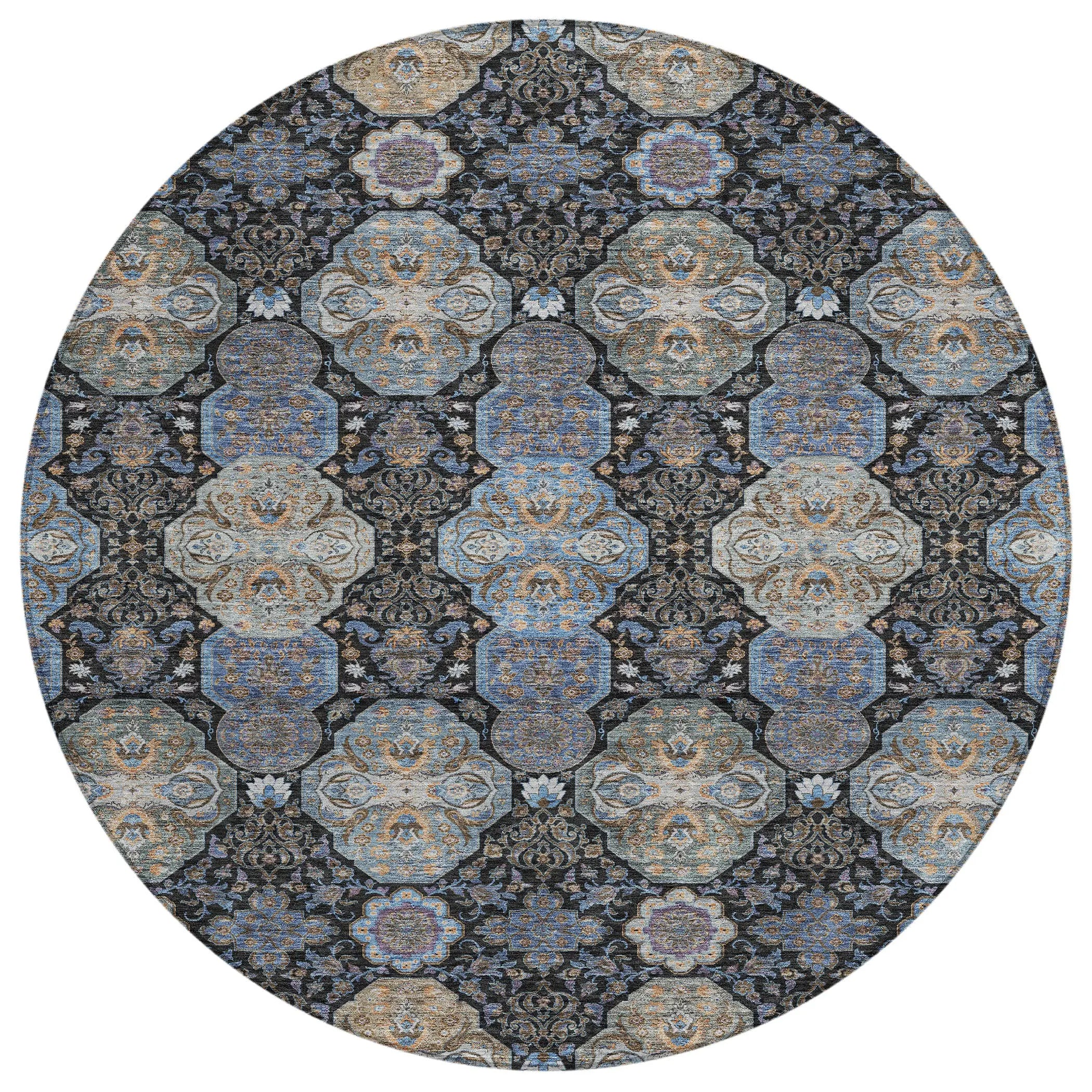 8' Black And Blue Round Floral Washable Indoor Outdoor Area Rug Homeroots Outdoor