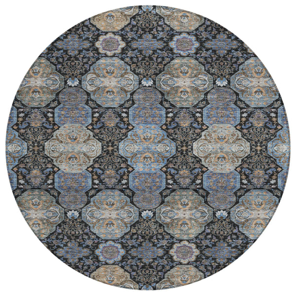 8' Black And Blue Round Floral Washable Indoor Outdoor Area Rug Homeroots Outdoor