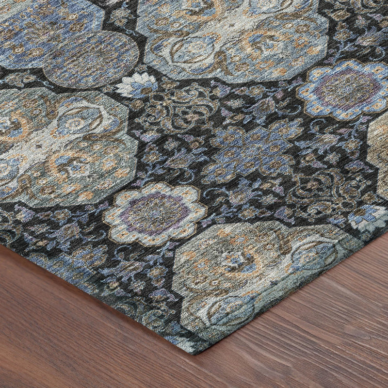 8' Black And Blue Round Floral Washable Indoor Outdoor Area Rug Homeroots Outdoor