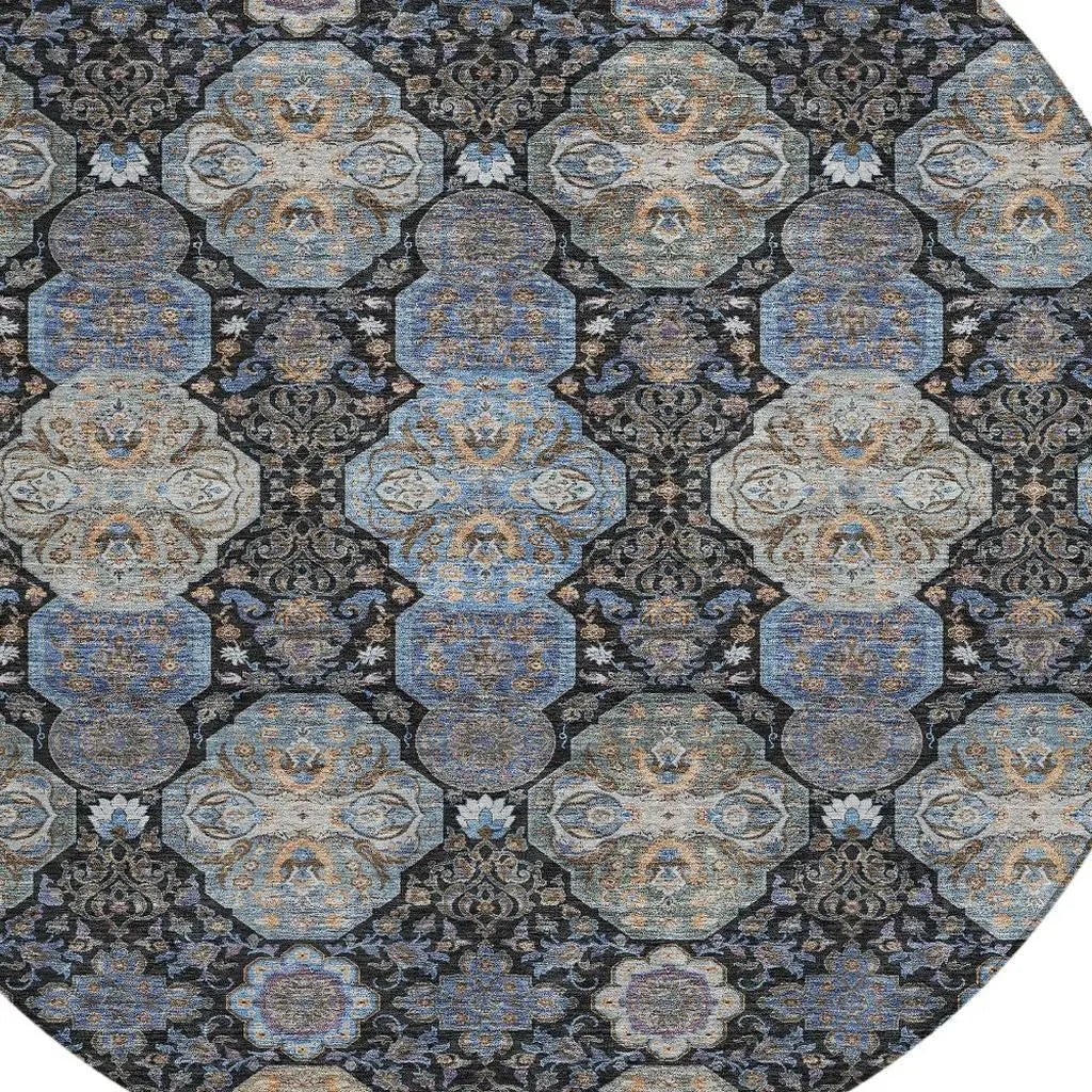 8' Black And Blue Round Floral Washable Indoor Outdoor Area Rug Homeroots Outdoor