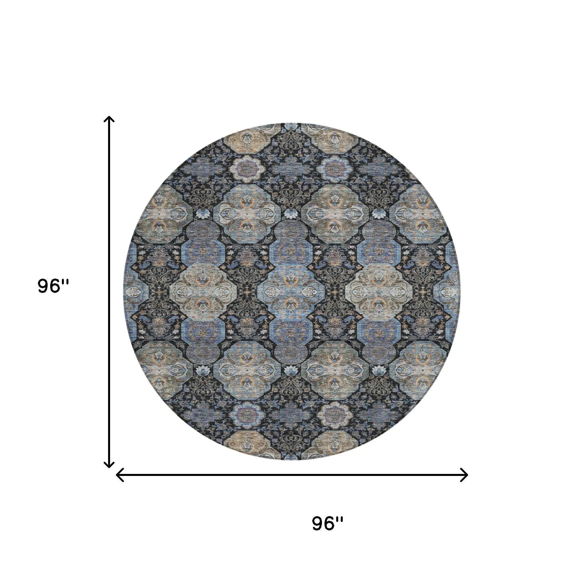 8' Black And Blue Round Floral Washable Indoor Outdoor Area Rug Homeroots Outdoor