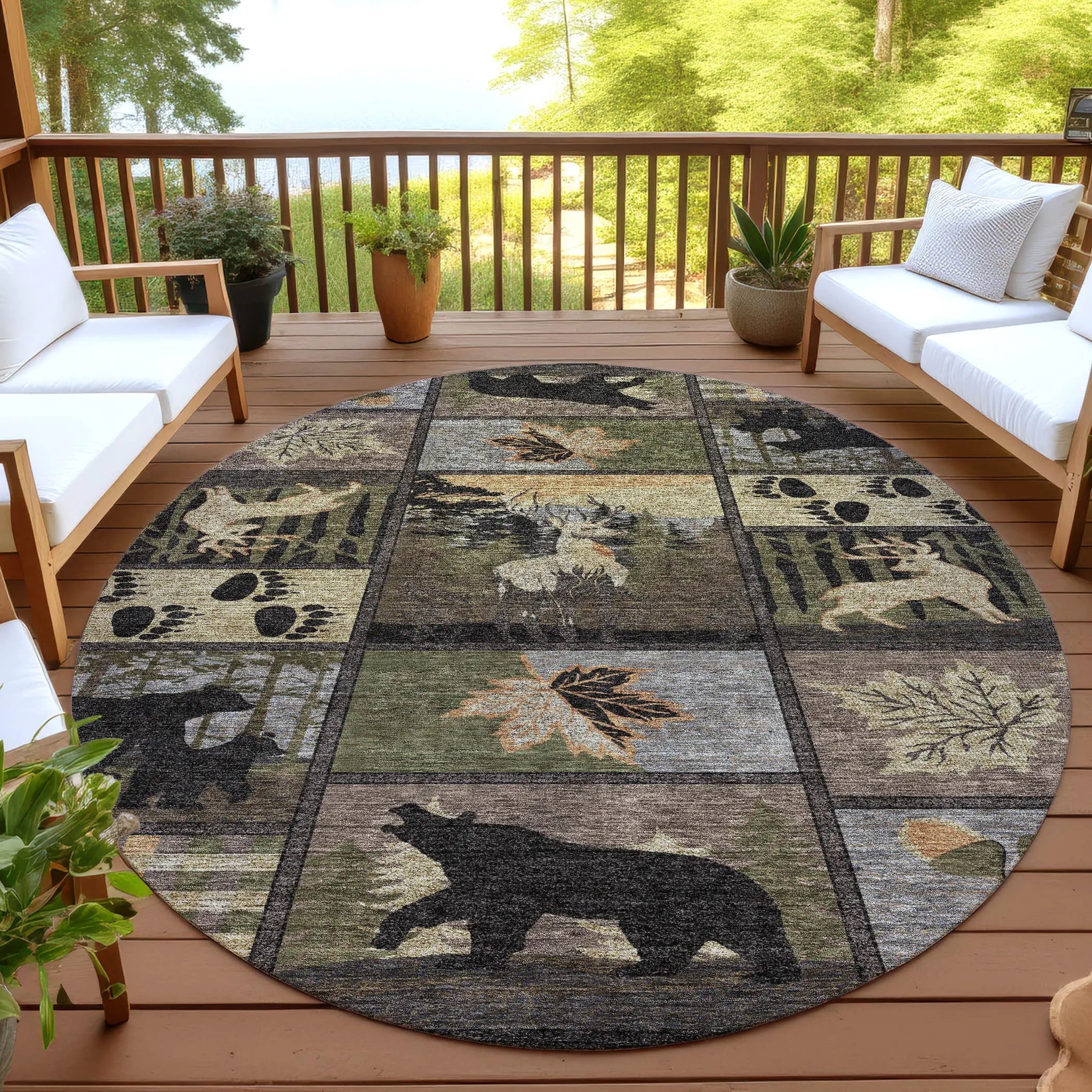 8' Black And Brown Round Bear Washable Indoor Outdoor Area Rug Homeroots Outdoor