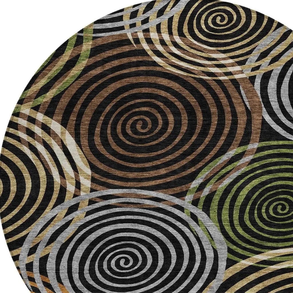 8' Black And Brown Round Geometric Washable Indoor Outdoor Area Rug Homeroots Outdoor