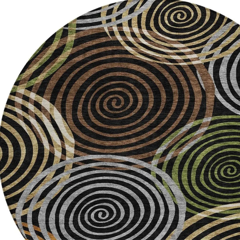 8' Black And Brown Round Geometric Washable Indoor Outdoor Area Rug Homeroots Outdoor