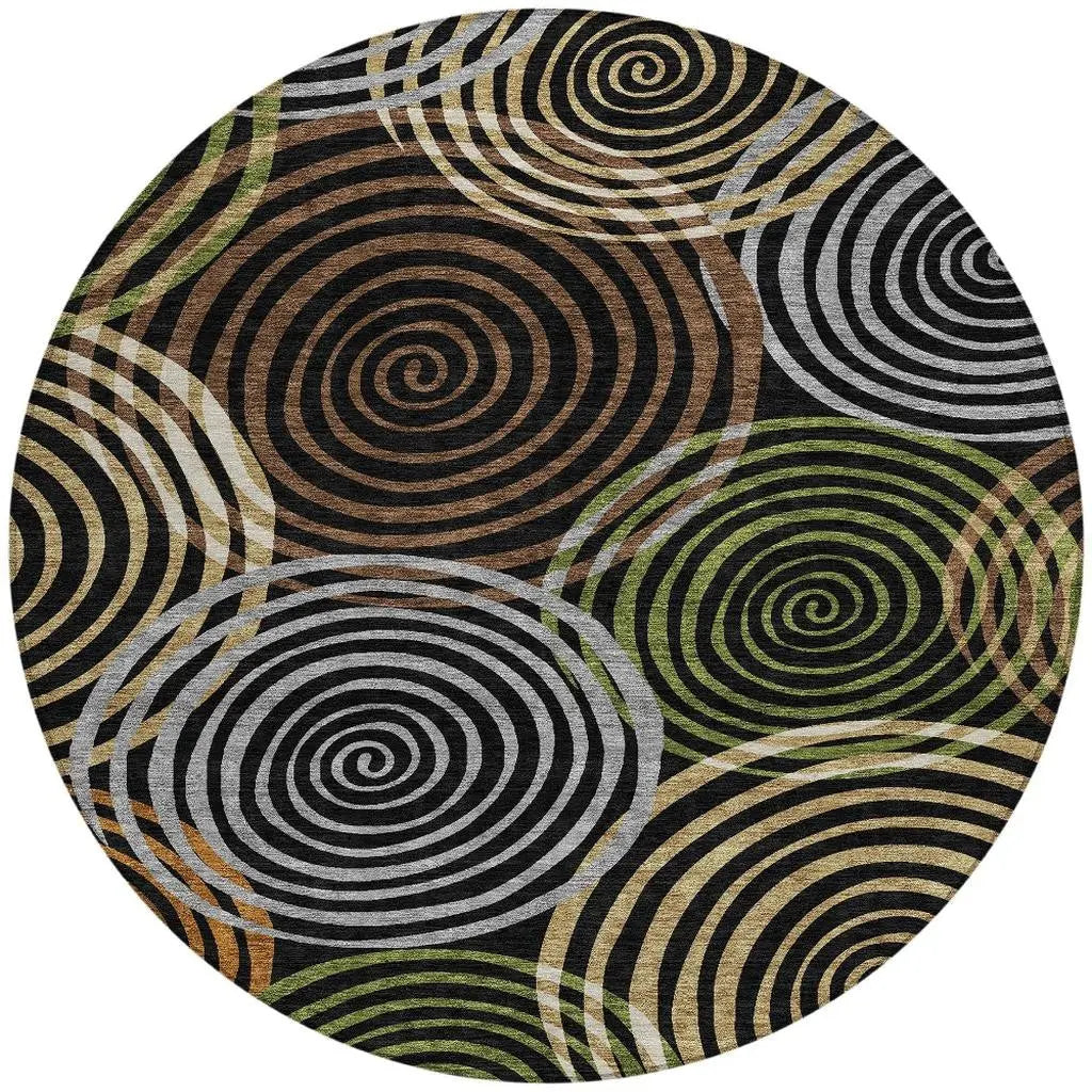 8' Black And Brown Round Geometric Washable Indoor Outdoor Area Rug Homeroots Outdoor