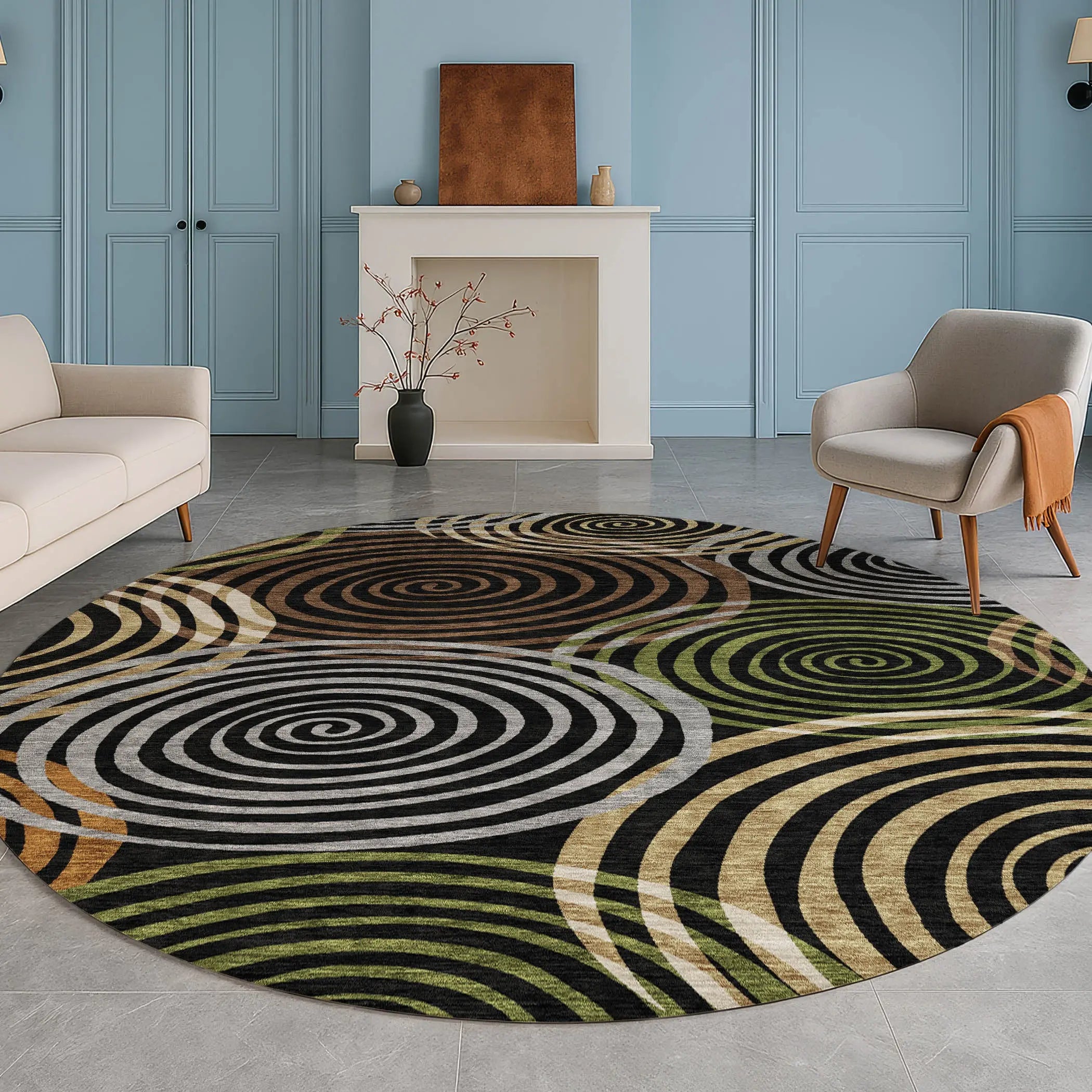 8' Black And Brown Round Geometric Washable Indoor Outdoor Area Rug Homeroots Outdoor