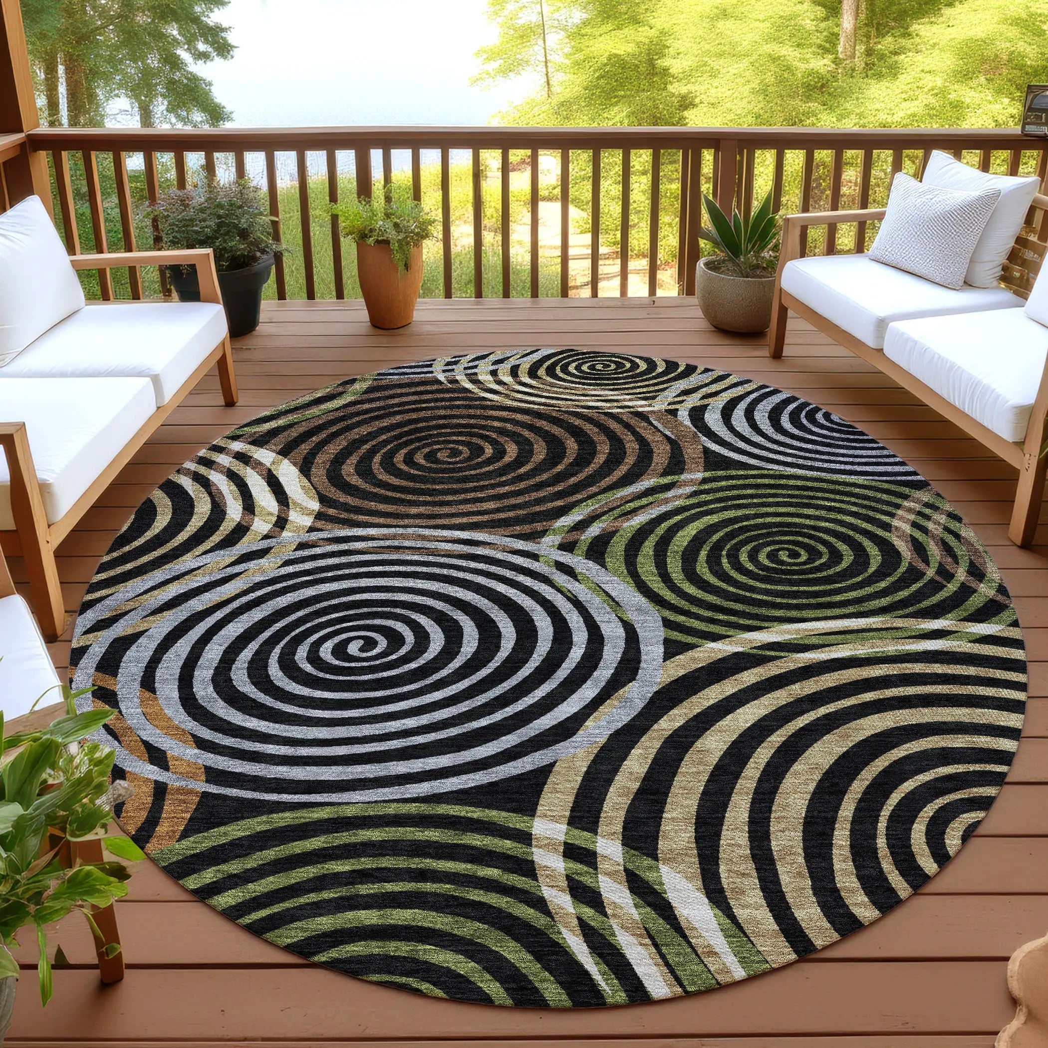 8' Black And Brown Round Geometric Washable Indoor Outdoor Area Rug Homeroots Outdoor