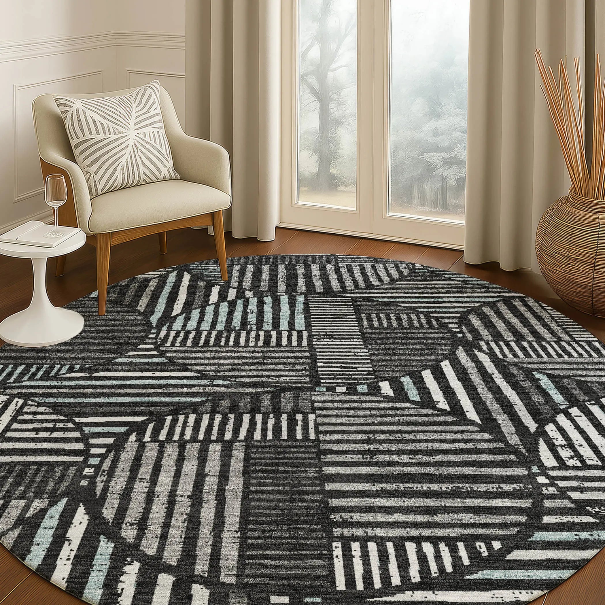 8' Black And Brown Round Geometric Washable Indoor Outdoor Area Rug Homeroots Outdoor