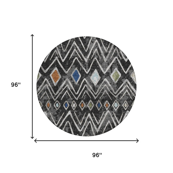 8' Black And Brown Round Geometric Washable Indoor Outdoor Area Rug Homeroots Outdoor