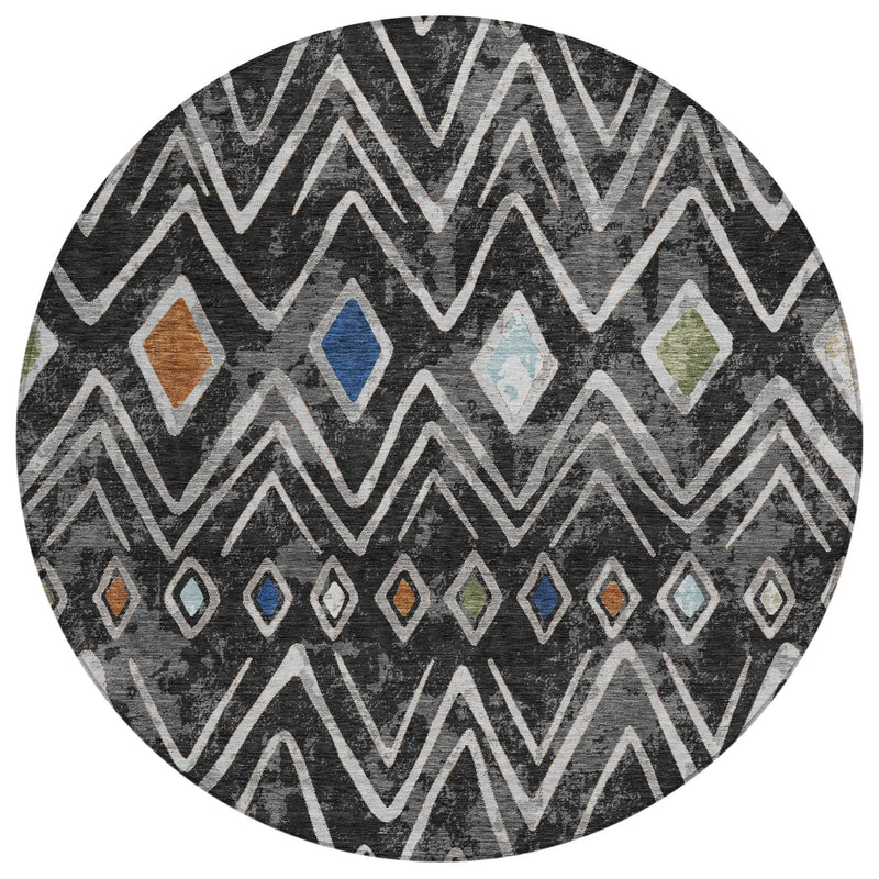8' Black And Brown Round Geometric Washable Indoor Outdoor Area Rug Homeroots Outdoor