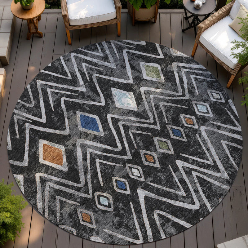 8' Black And Brown Round Geometric Washable Indoor Outdoor Area Rug Homeroots Outdoor