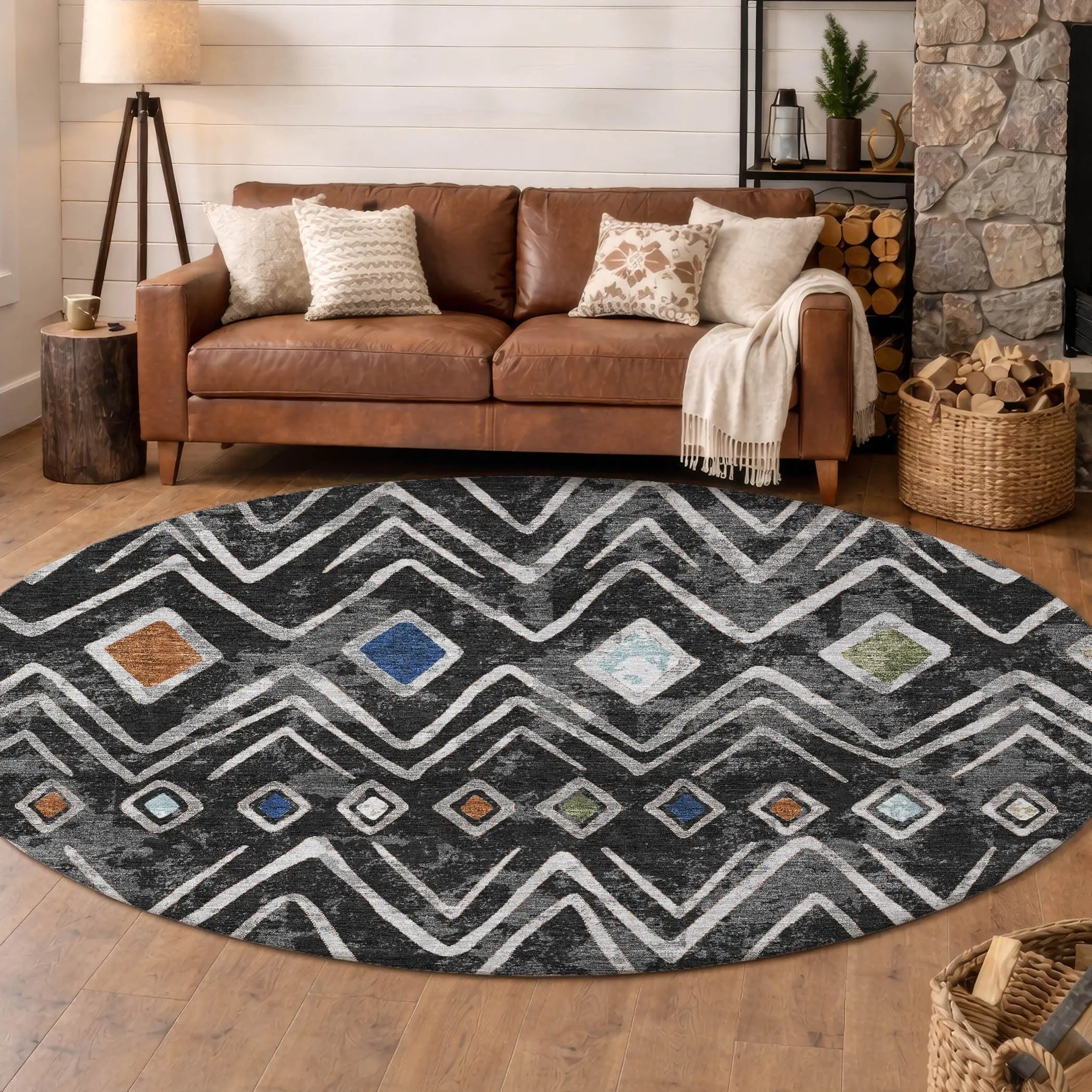 8' Black And Brown Round Geometric Washable Indoor Outdoor Area Rug Homeroots Outdoor