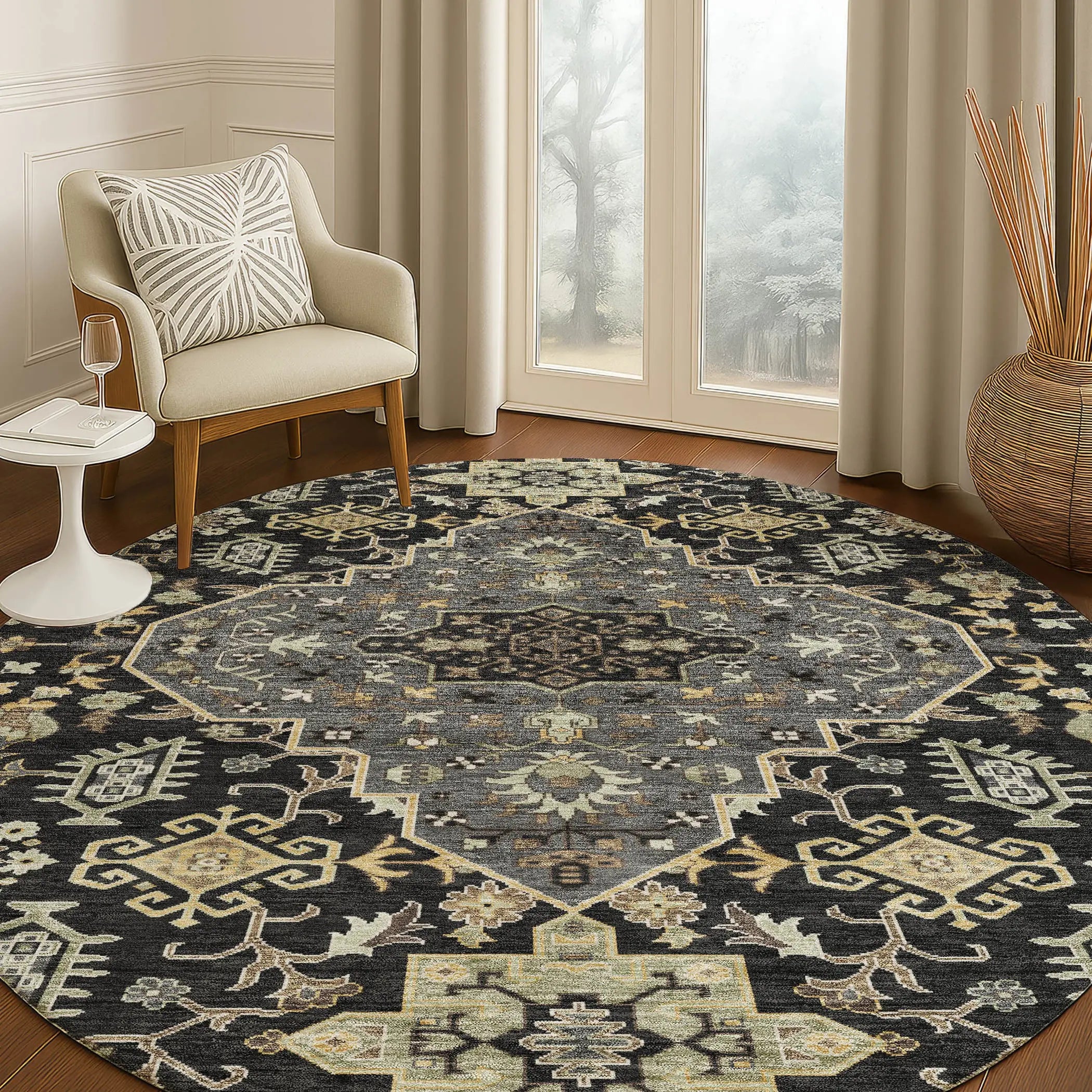 8' Black And Brown Round Medallion Washable Indoor Outdoor Area Rug Homeroots Outdoor
