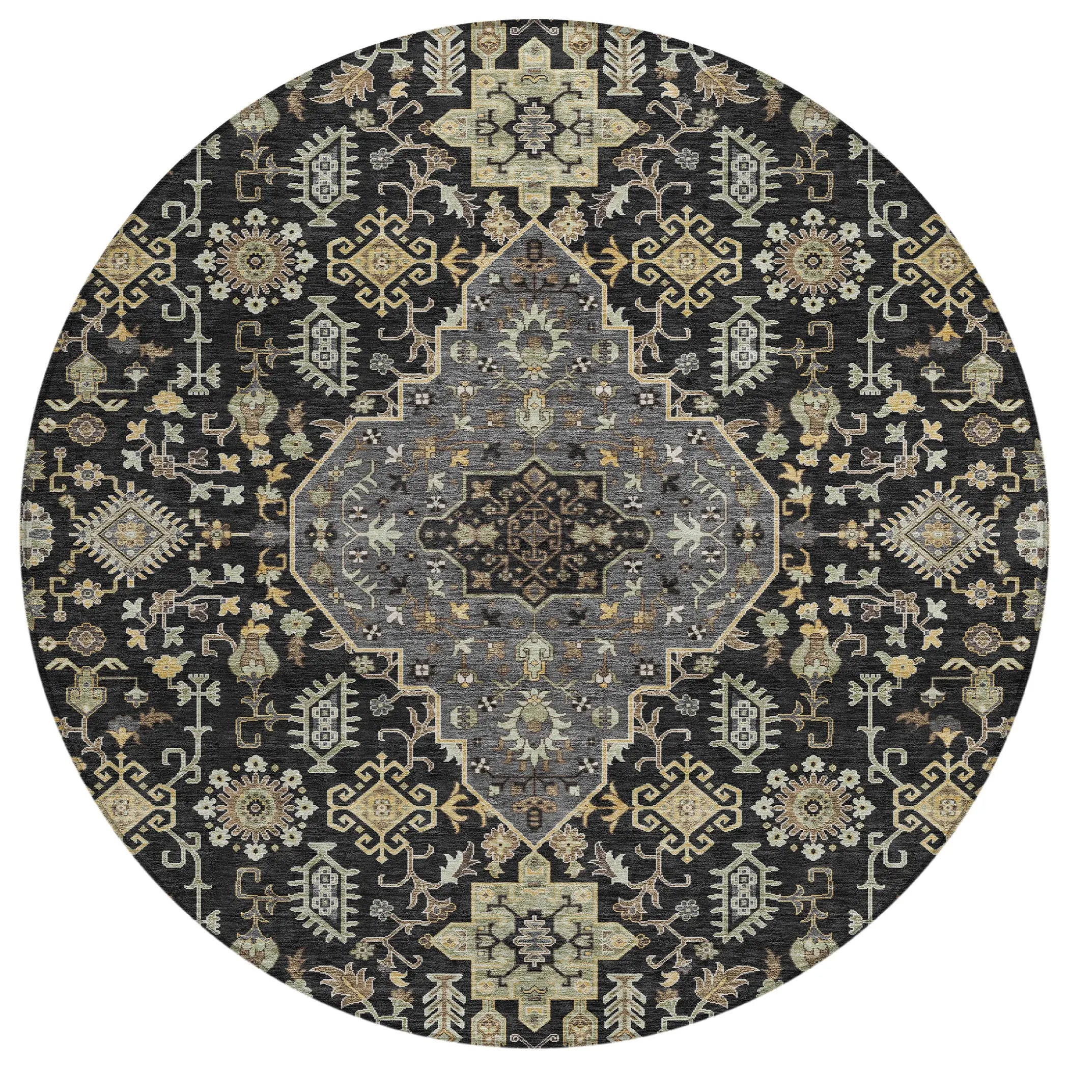 8' Black And Brown Round Medallion Washable Indoor Outdoor Area Rug Homeroots Outdoor