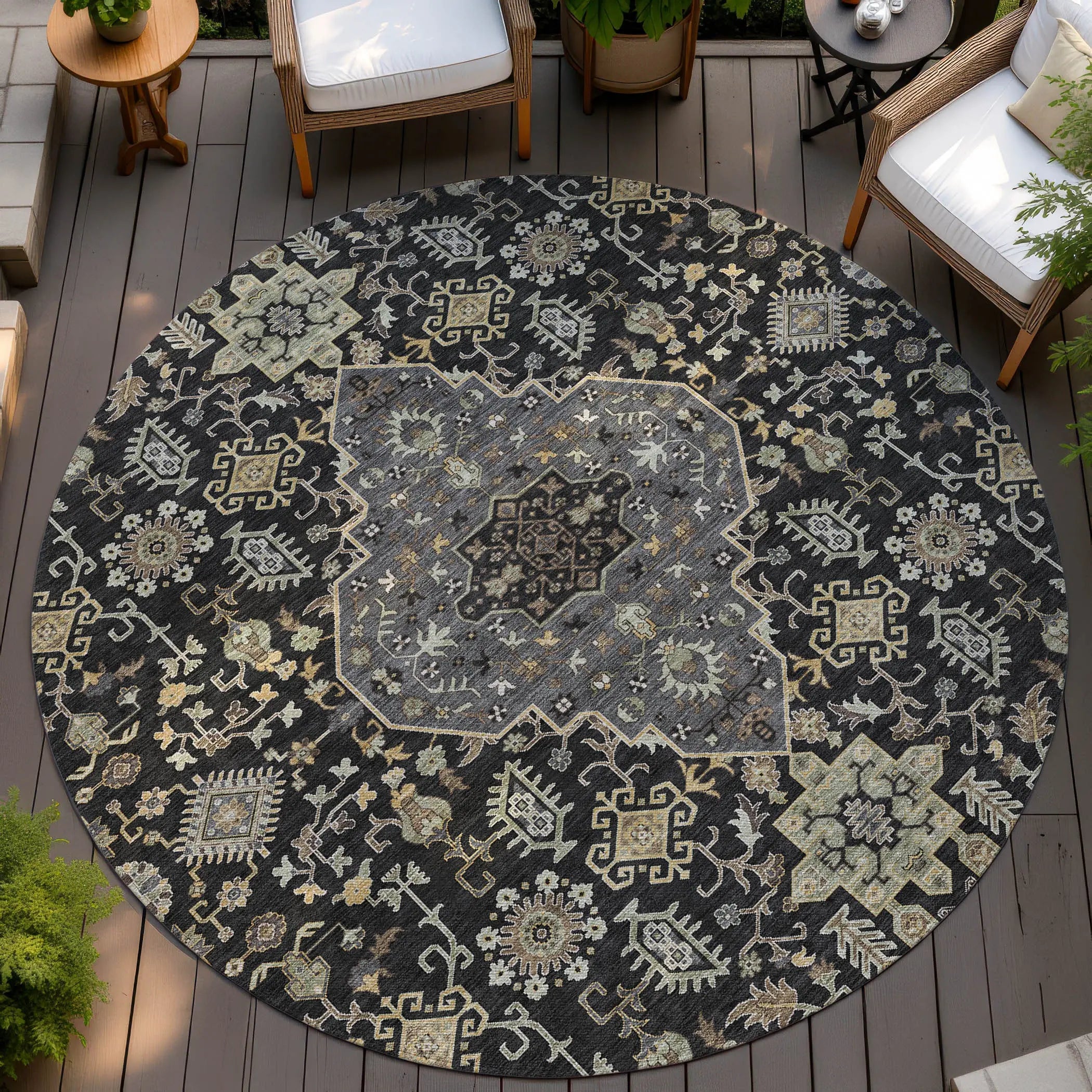 8' Black And Brown Round Medallion Washable Indoor Outdoor Area Rug Homeroots Outdoor