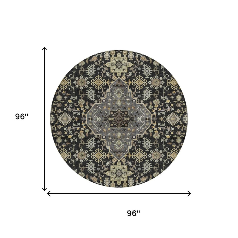 8' Black And Brown Round Medallion Washable Indoor Outdoor Area Rug Homeroots Outdoor