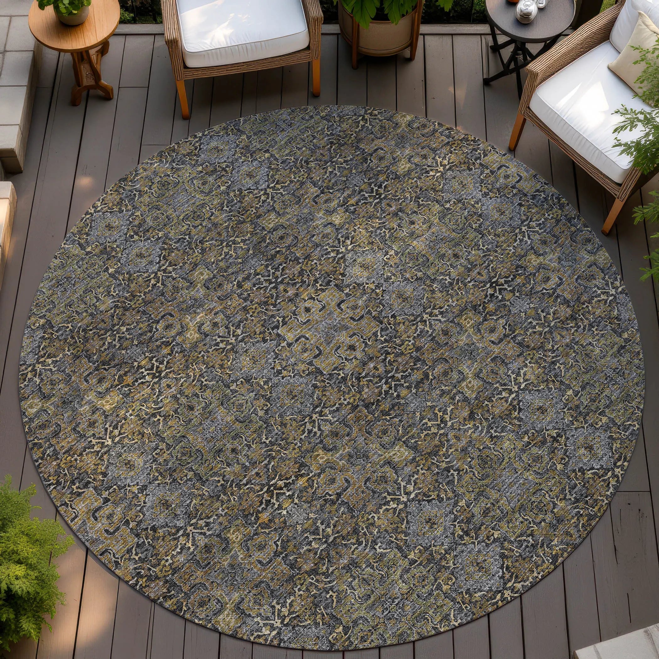 8' Black And Brown Round Oriental Washable Indoor Outdoor Area Rug Homeroots Outdoor