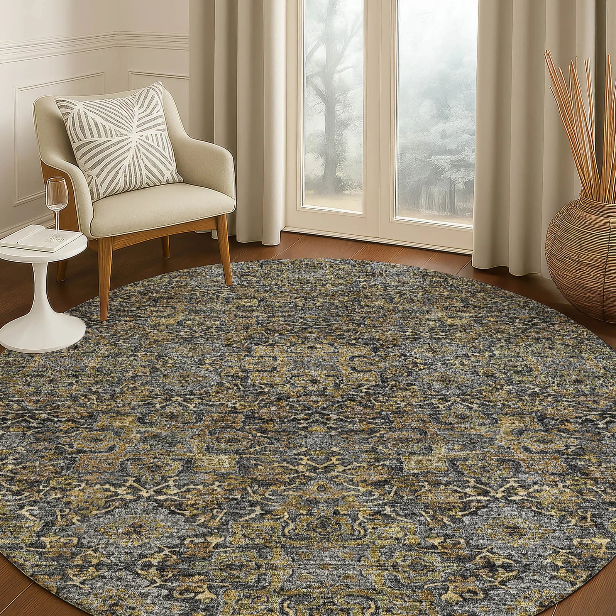 8' Black And Brown Round Oriental Washable Indoor Outdoor Area Rug Homeroots Outdoor