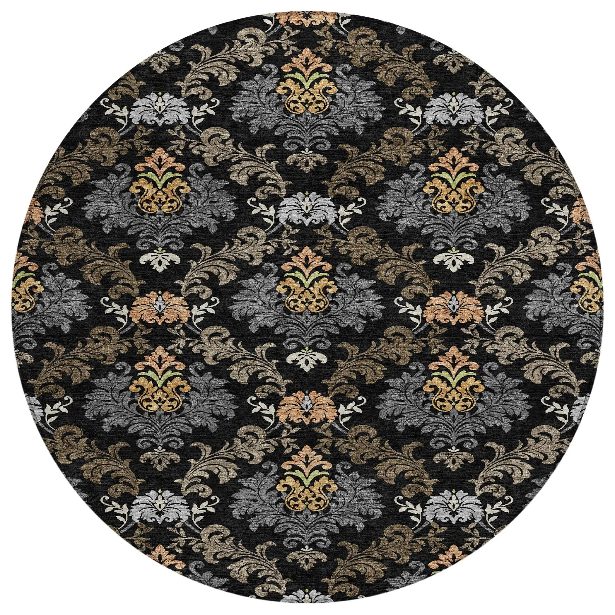 8' Black And Charcoal Round Damask Washable Indoor Outdoor Area Rug Homeroots Outdoor