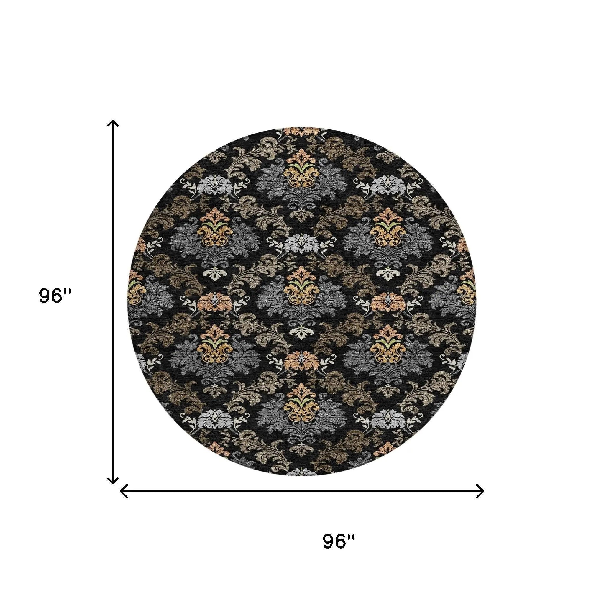 8' Black And Charcoal Round Damask Washable Indoor Outdoor Area Rug Homeroots Outdoor