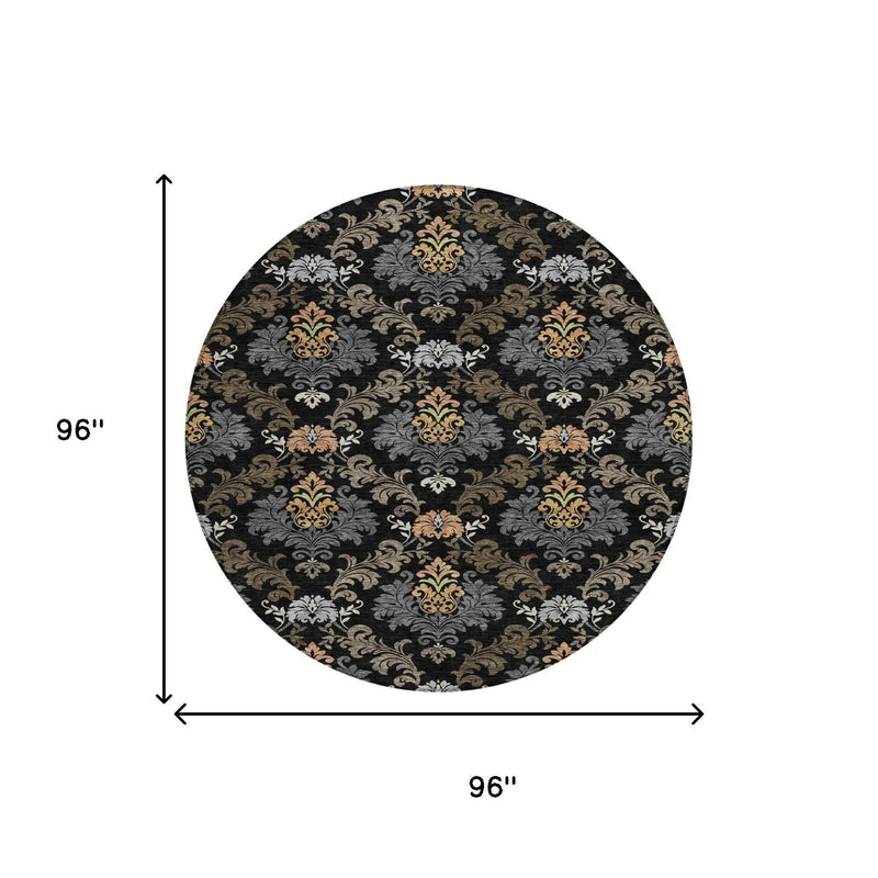 8' Black And Charcoal Round Damask Washable Indoor Outdoor Area Rug Homeroots Outdoor