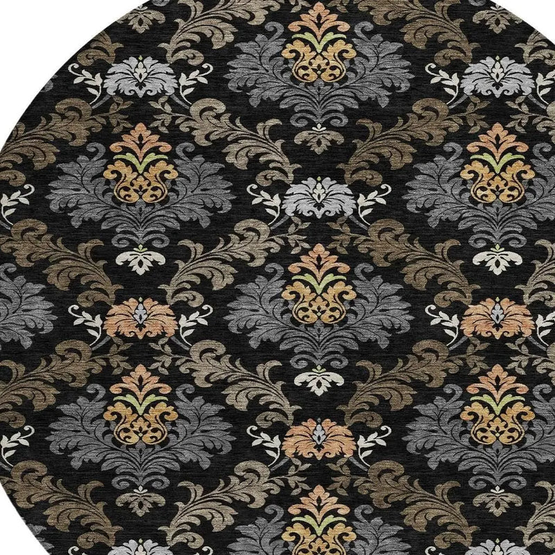 8' Black And Charcoal Round Damask Washable Indoor Outdoor Area Rug Homeroots Outdoor