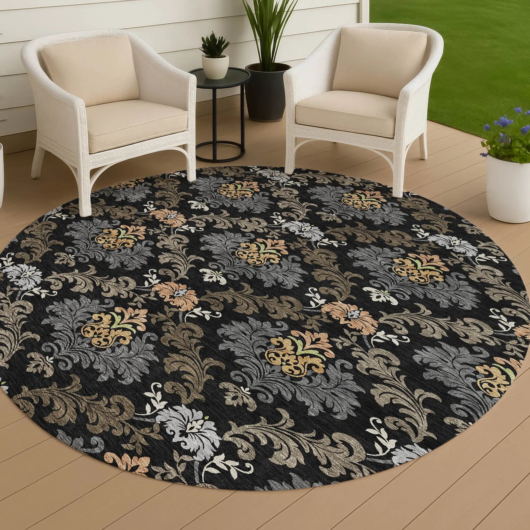 8' Black And Charcoal Round Damask Washable Indoor Outdoor Area Rug Homeroots Outdoor