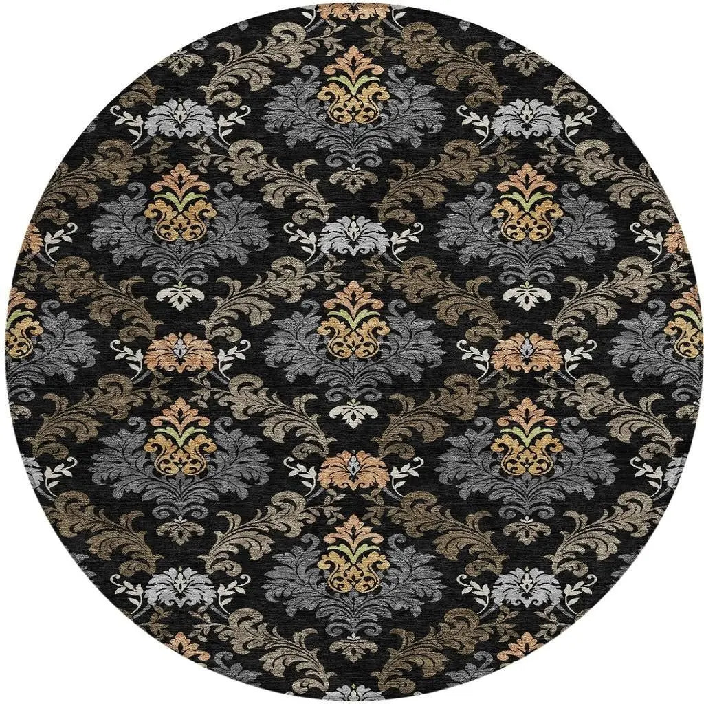 8' Black And Charcoal Round Damask Washable Indoor Outdoor Area Rug Homeroots Outdoor