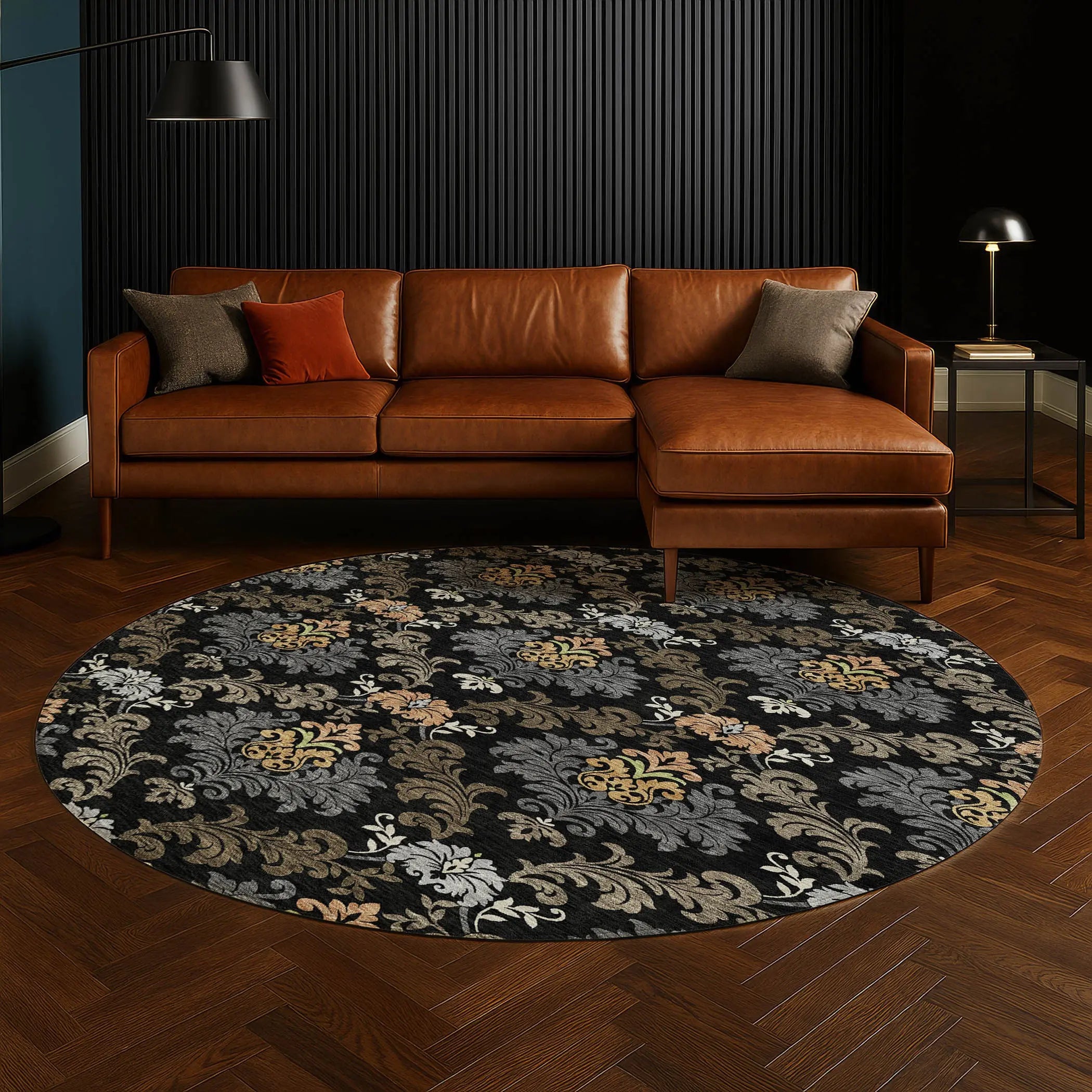 8' Black And Charcoal Round Damask Washable Indoor Outdoor Area Rug Homeroots Outdoor