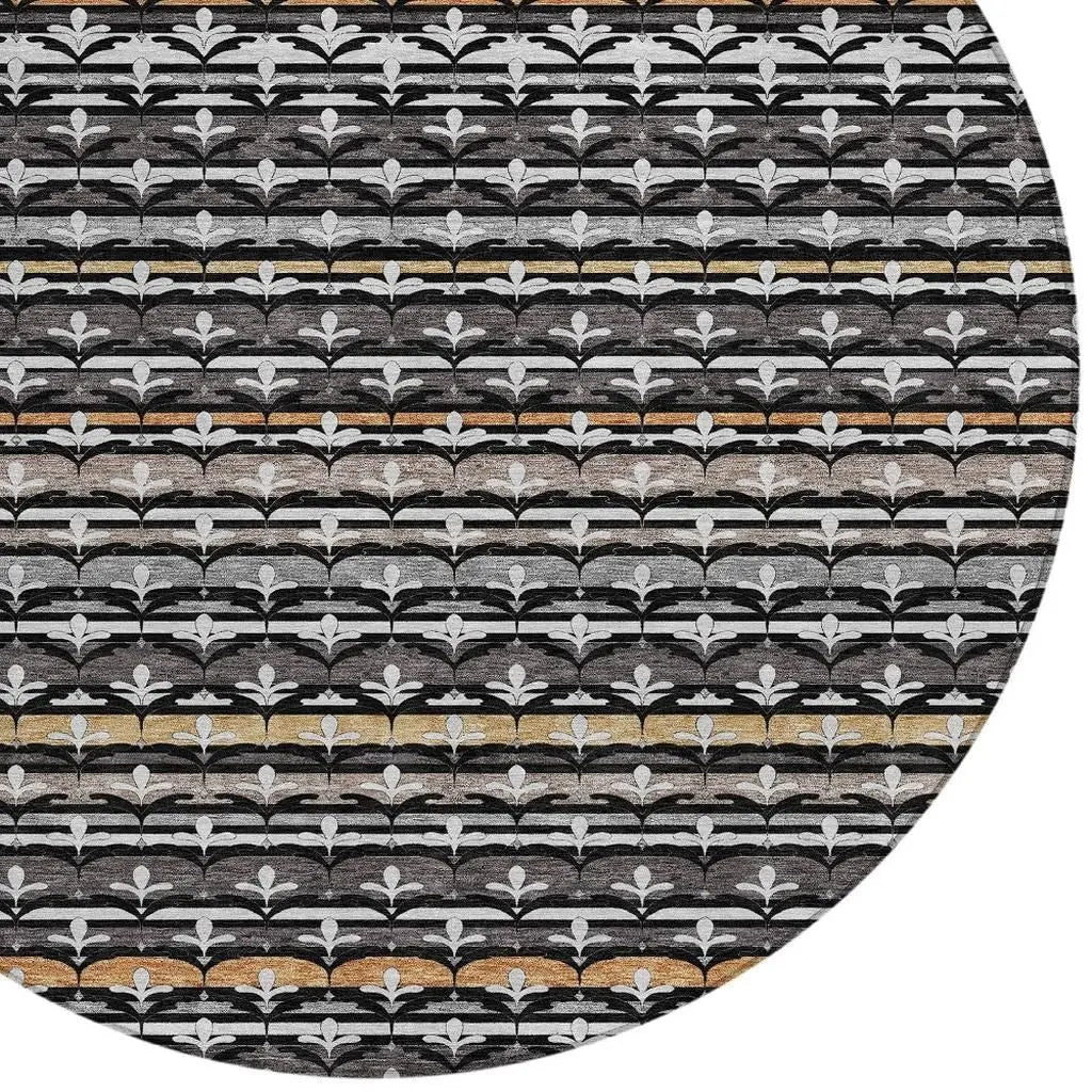 8' Black And Charcoal Round Damask Washable Indoor Outdoor Area Rug Homeroots Outdoor