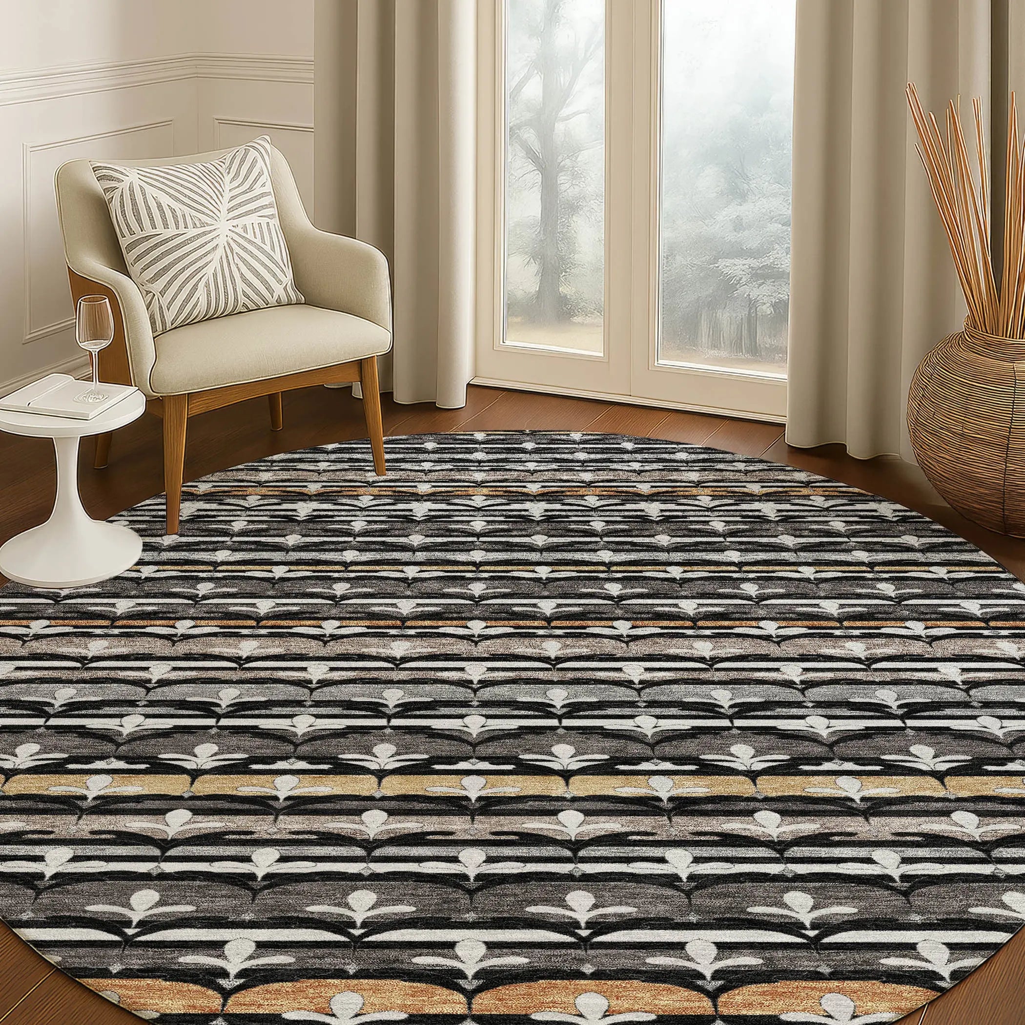8' Black And Charcoal Round Damask Washable Indoor Outdoor Area Rug Homeroots Outdoor