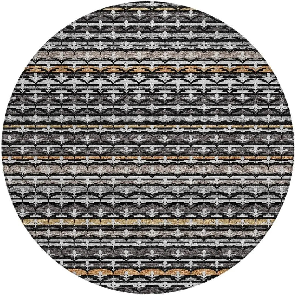 8' Black And Charcoal Round Damask Washable Indoor Outdoor Area Rug Homeroots Outdoor