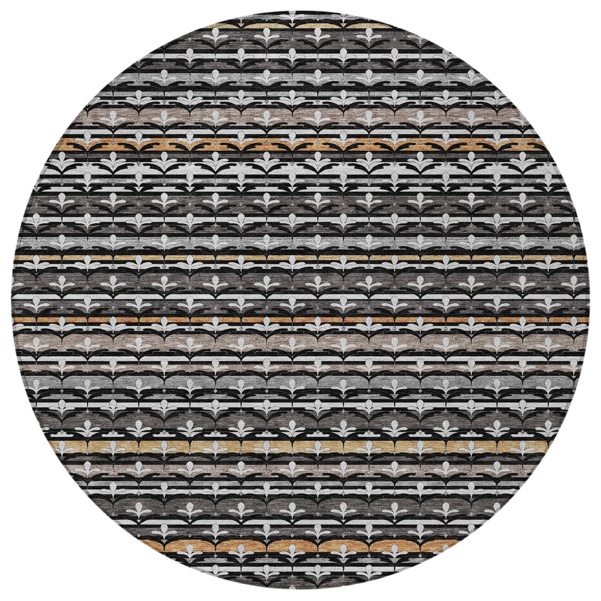 8' Black And Charcoal Round Damask Washable Indoor Outdoor Area Rug Homeroots Outdoor