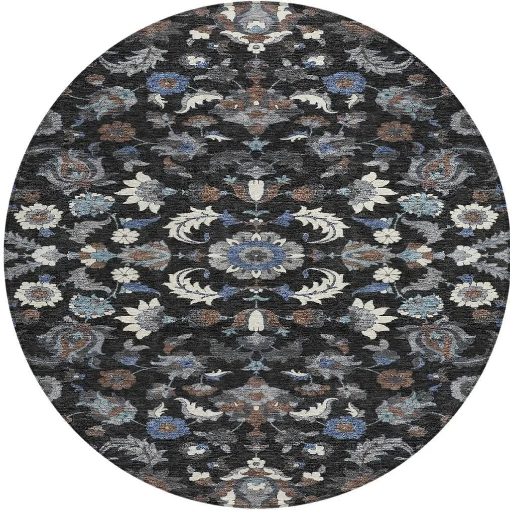 8' Black And Charcoal Round Floral Medallion Washable Indoor Outdoor Area Rug Homeroots Outdoor