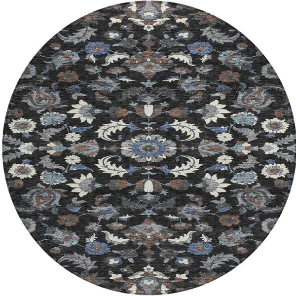 8' Black And Charcoal Round Floral Medallion Washable Indoor Outdoor Area Rug Homeroots Outdoor