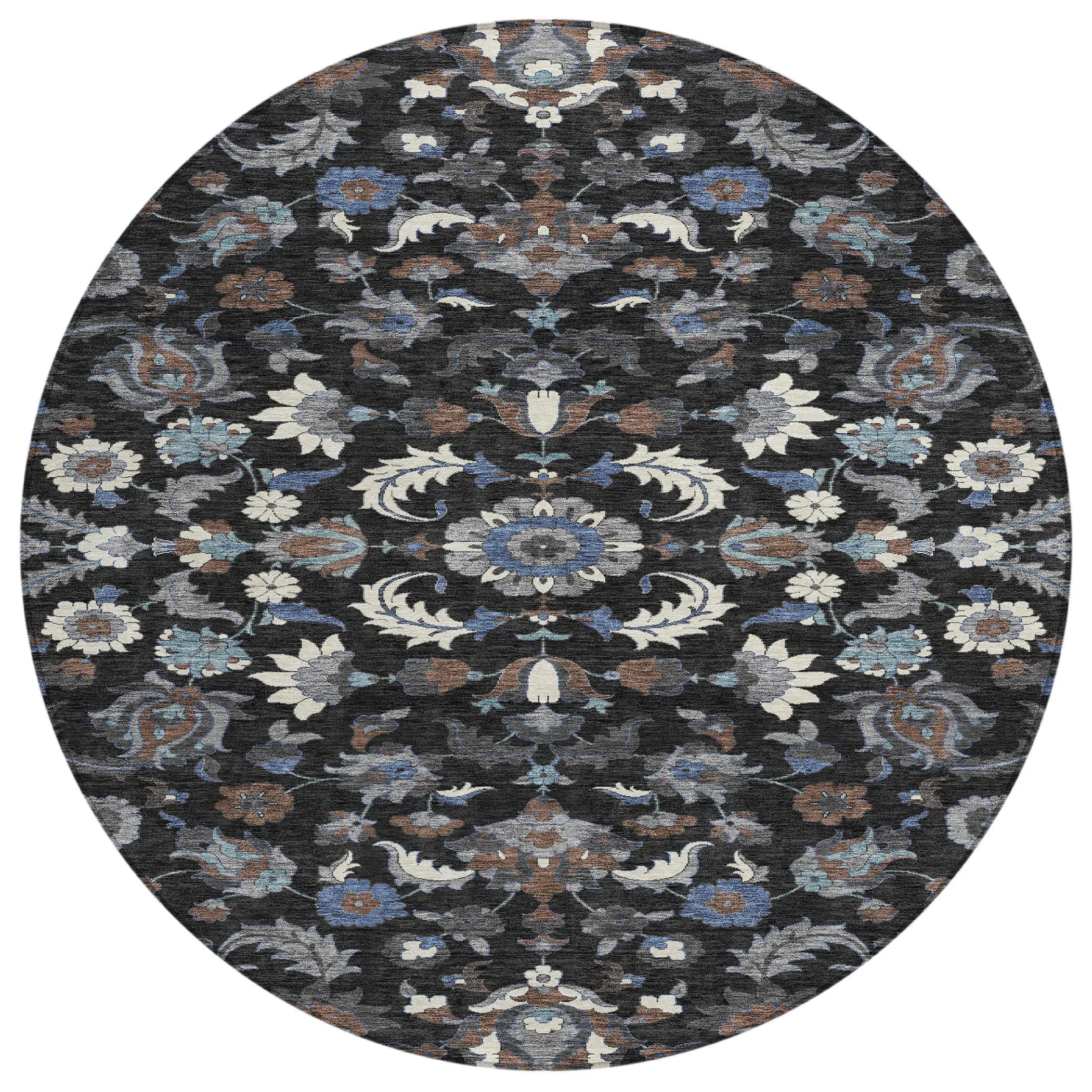 8' Black And Charcoal Round Floral Medallion Washable Indoor Outdoor Area Rug Homeroots Outdoor