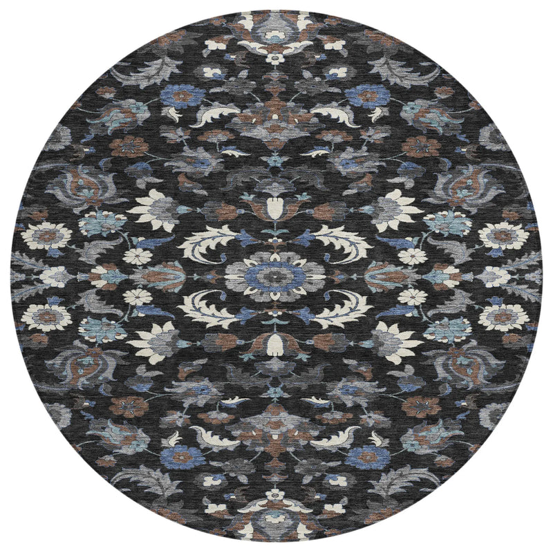 8' Black And Charcoal Round Floral Medallion Washable Indoor Outdoor Area Rug Homeroots Outdoor