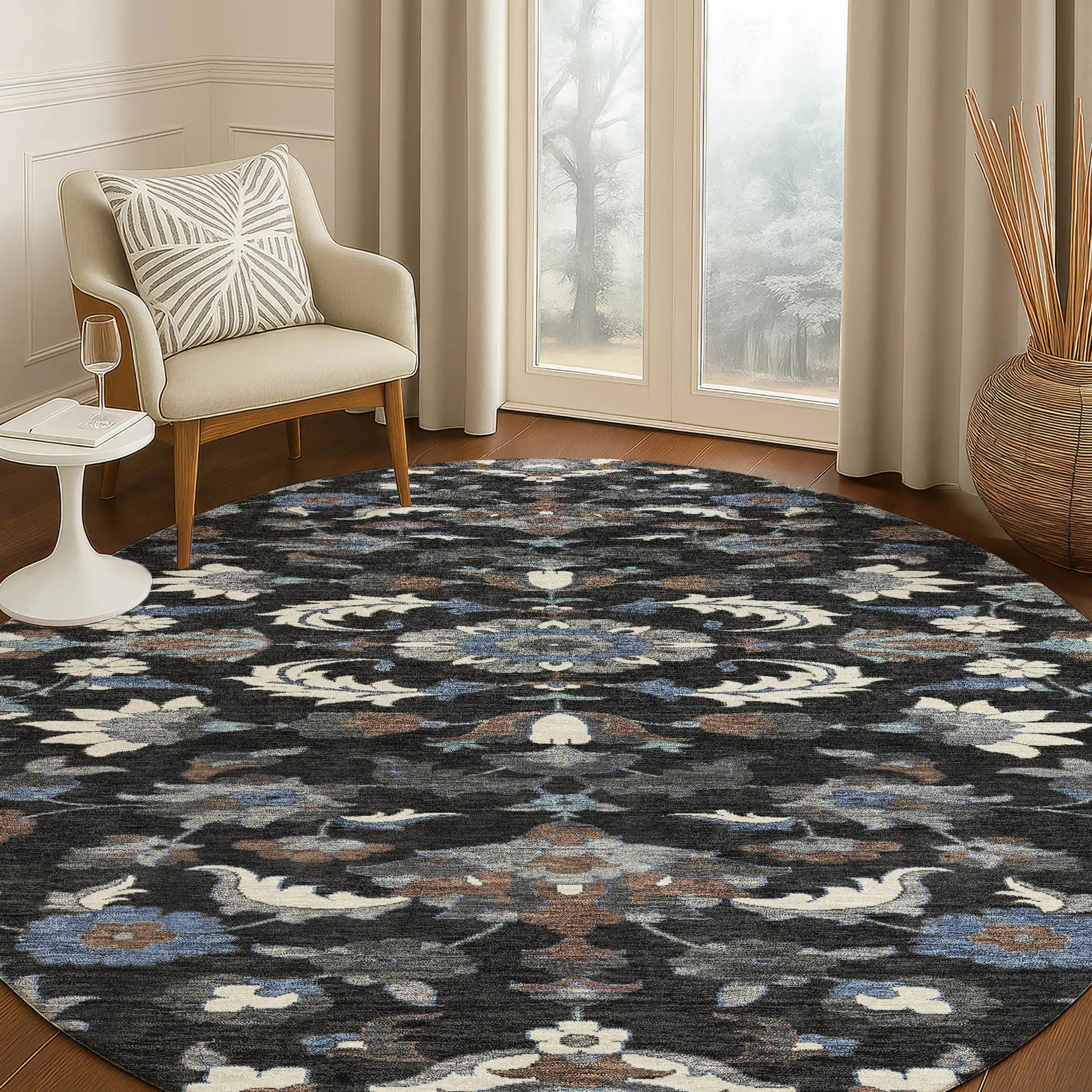 8' Black And Charcoal Round Floral Medallion Washable Indoor Outdoor Area Rug Homeroots Outdoor