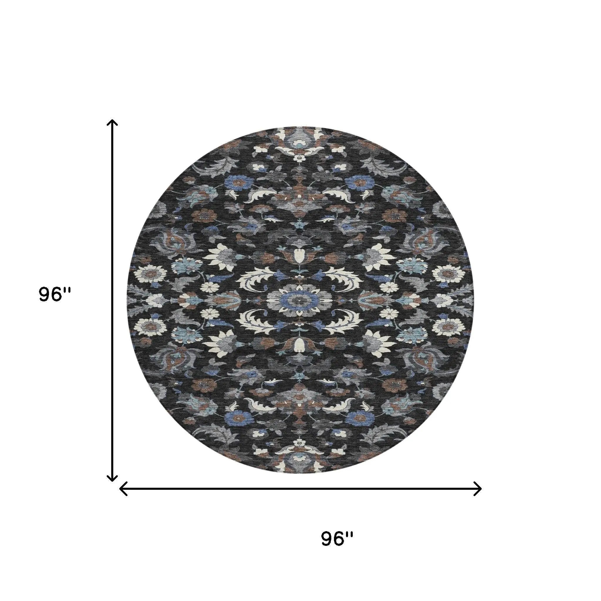 8' Black And Charcoal Round Floral Medallion Washable Indoor Outdoor Area Rug Homeroots Outdoor
