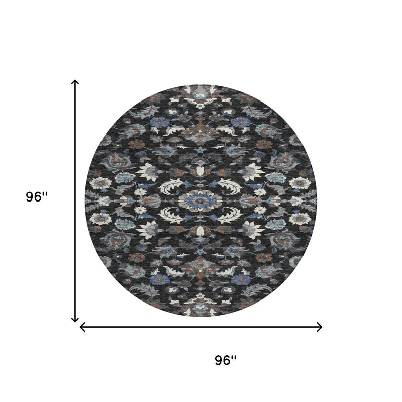 8' Black And Charcoal Round Floral Medallion Washable Indoor Outdoor Area Rug Homeroots Outdoor